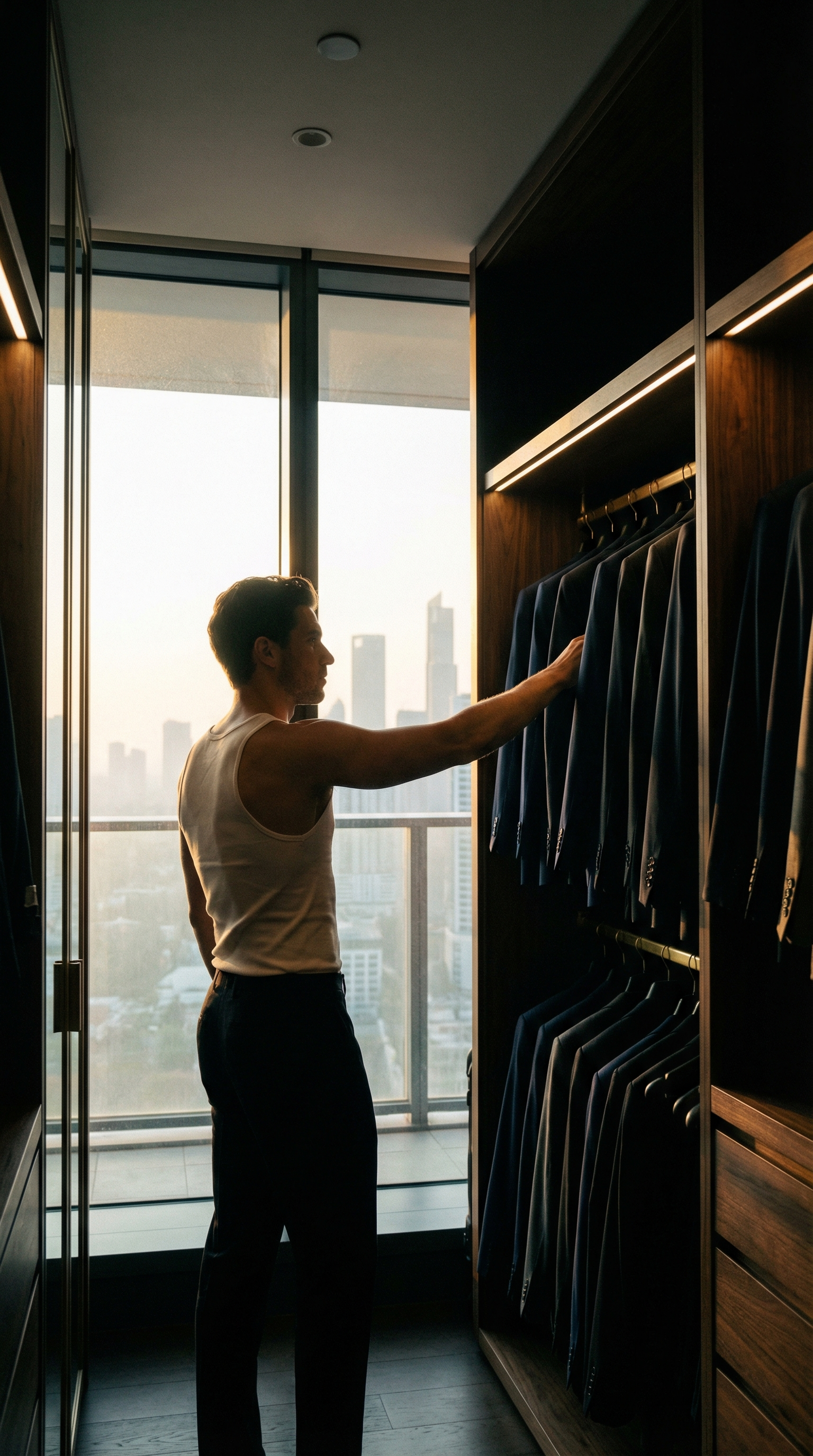 Man selecting outfit from luxury wardrobe at dawn
