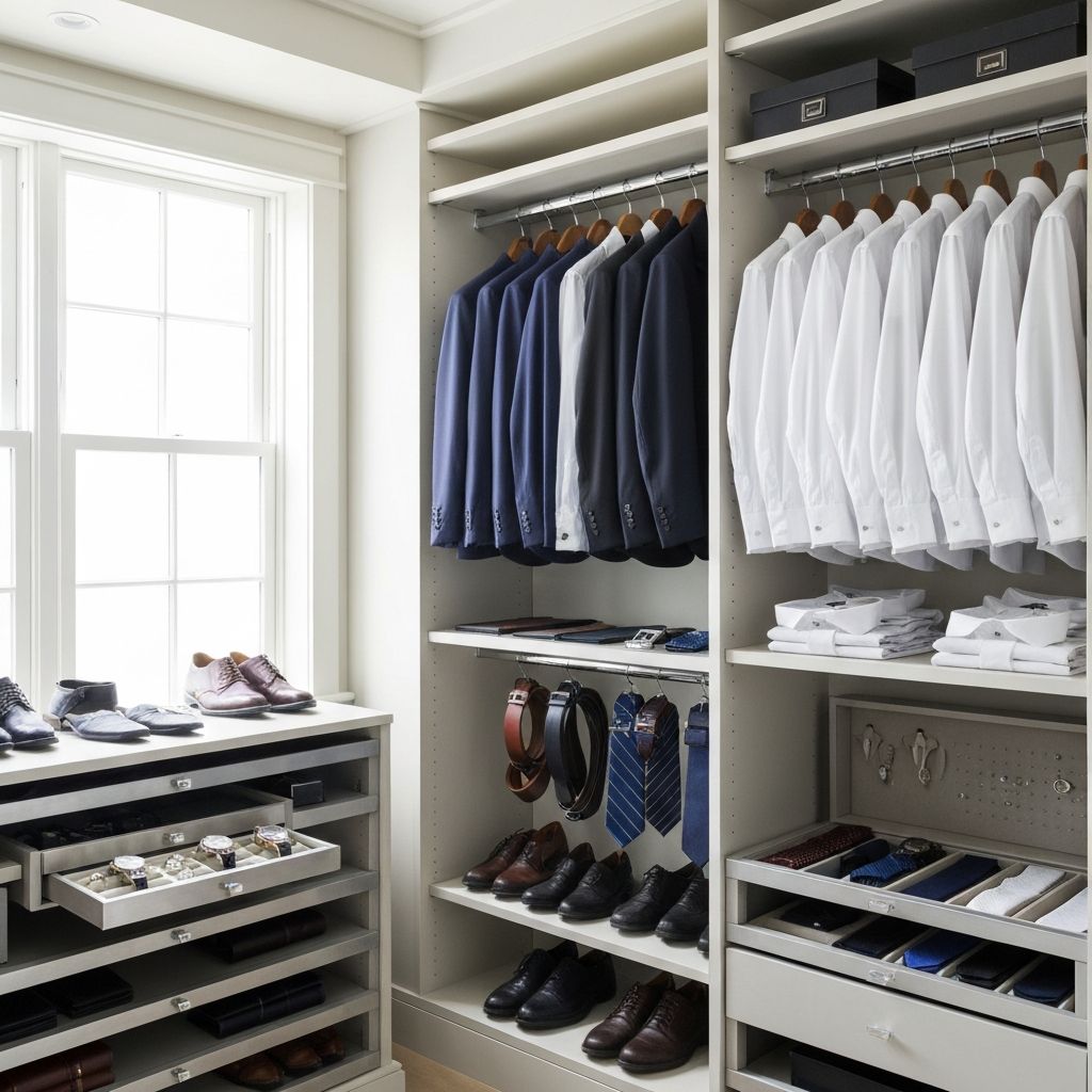 Organized luxury wardrobe with suits and accessories